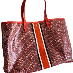 Tory Burch red Gemini link coated canvas and leather bag